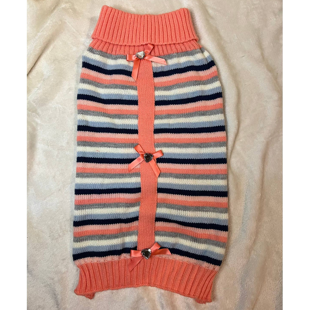 Smoochi Pooch Pink Navy Striped Bow Placket Sweater SZ L